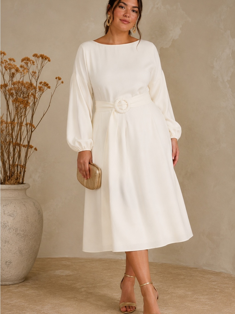 Sachin & Babi Annie Dress Ivory Midi Long Sleeve Buckle Waist Wedding Shower NWT